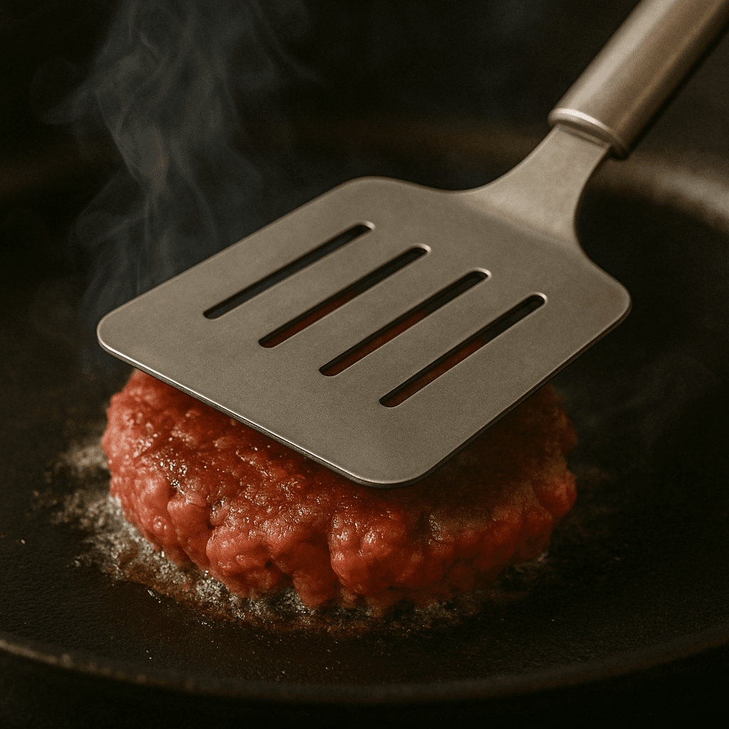 Smashing beef patty in hot skillet for crispy Korean burger