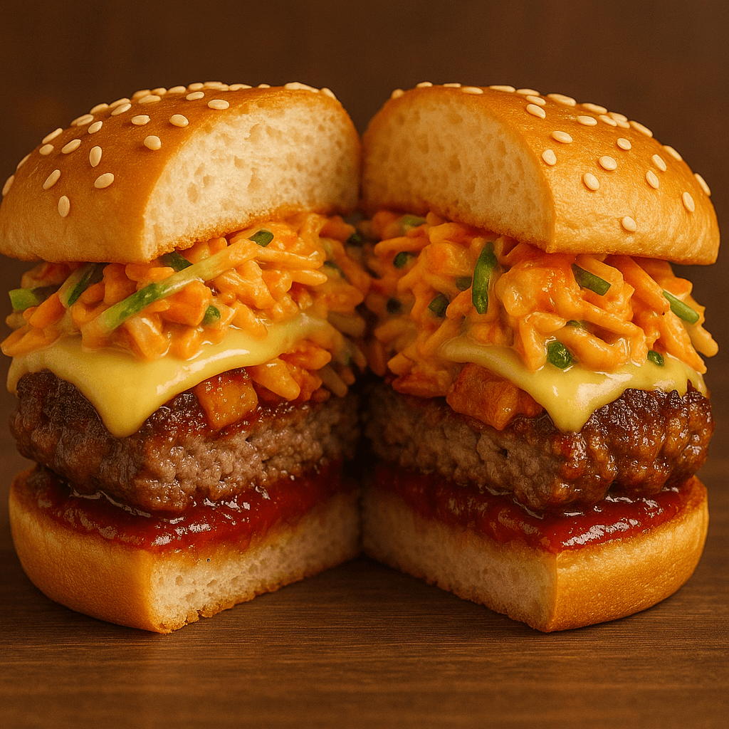 Cross-section of Korean smashburger with gochujang-glazed beef and kimchi slaw