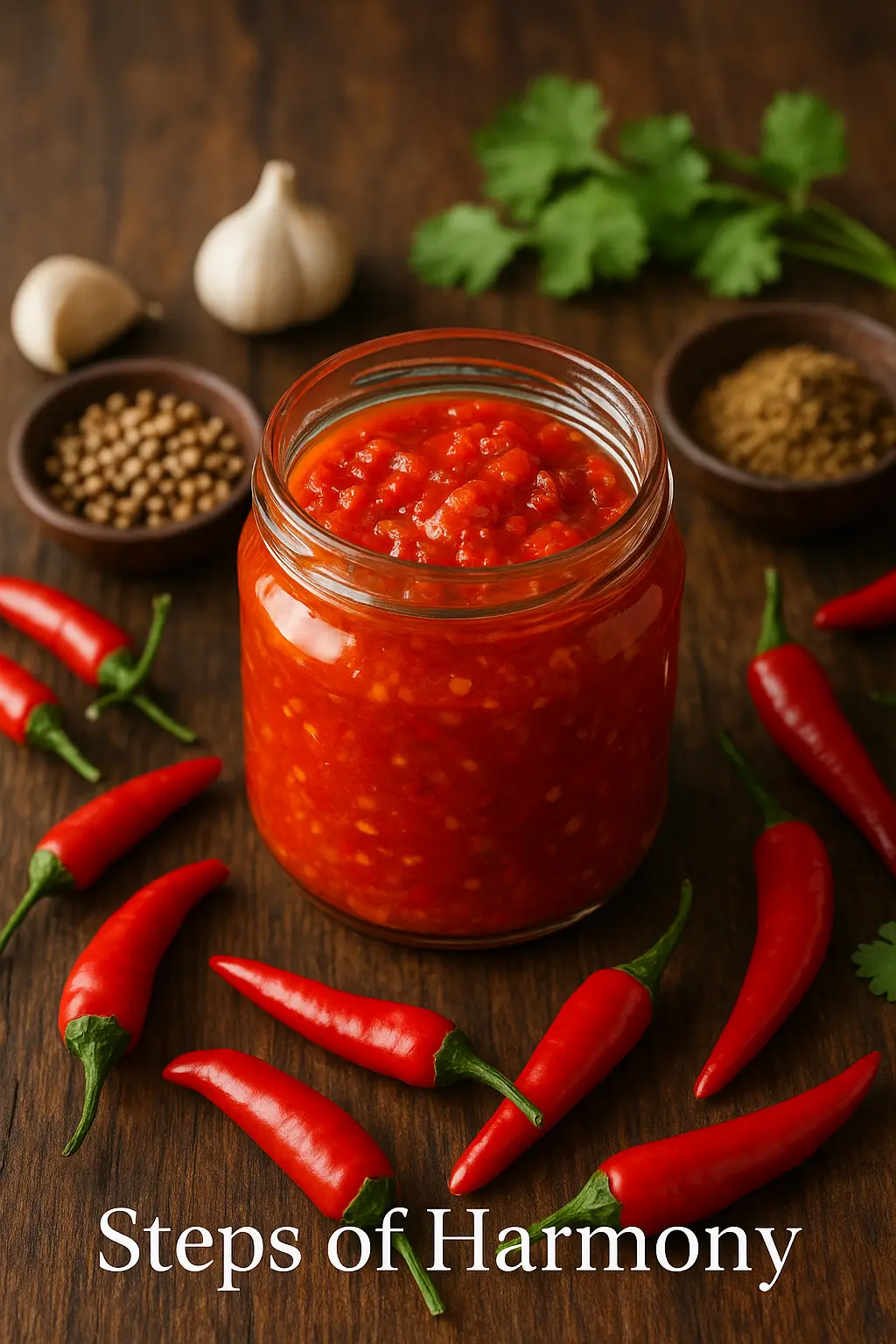 Homemade chilli sauce in glass jar with fresh chillies