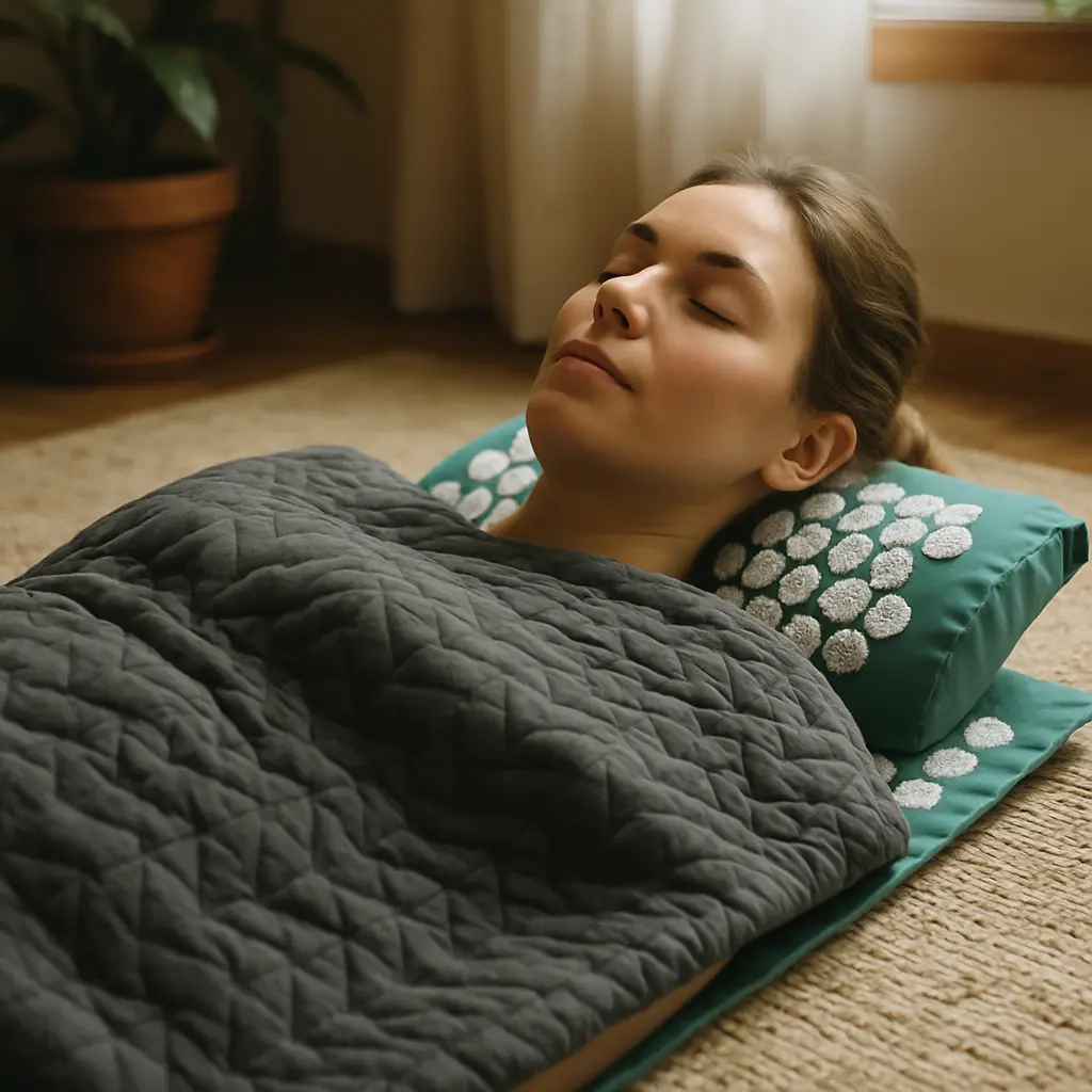 Person resting on acupressure mat for calming pressure therapy