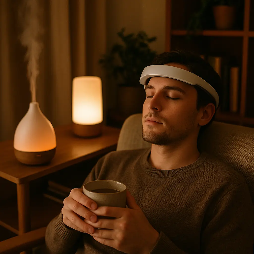 Person relaxing in a peaceful room with stress relief gadgets like diffuser and smart lamp