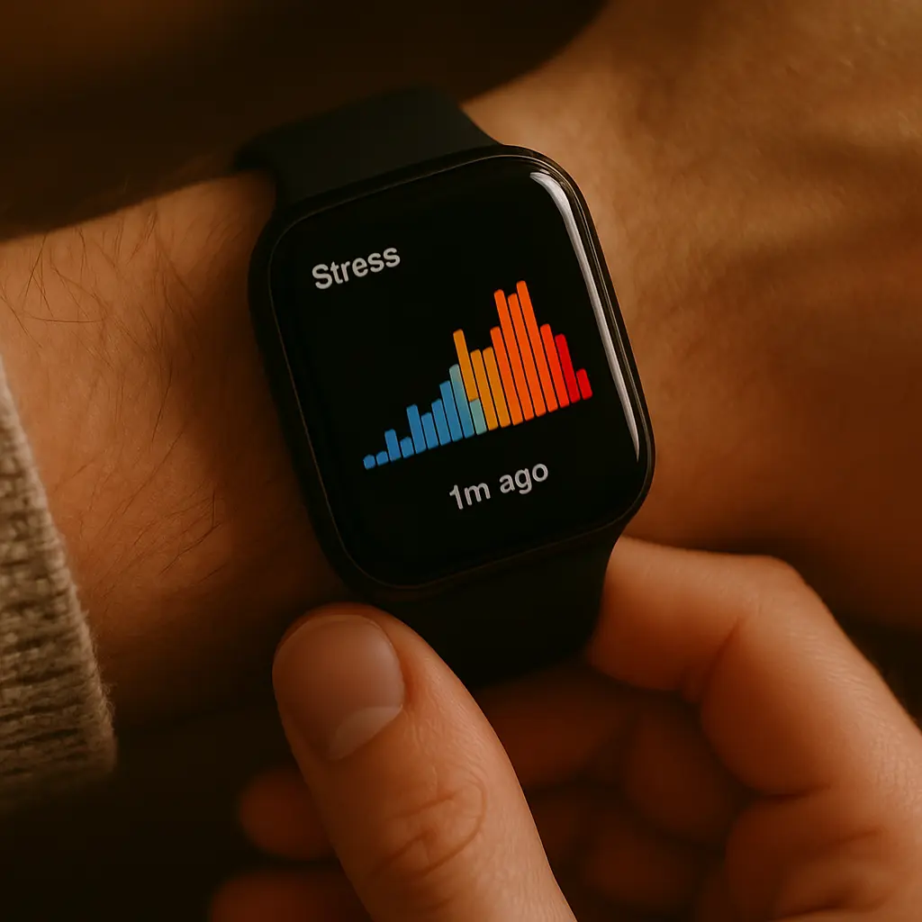 Smartwatch displaying stress level tracking and breathing exercise guide