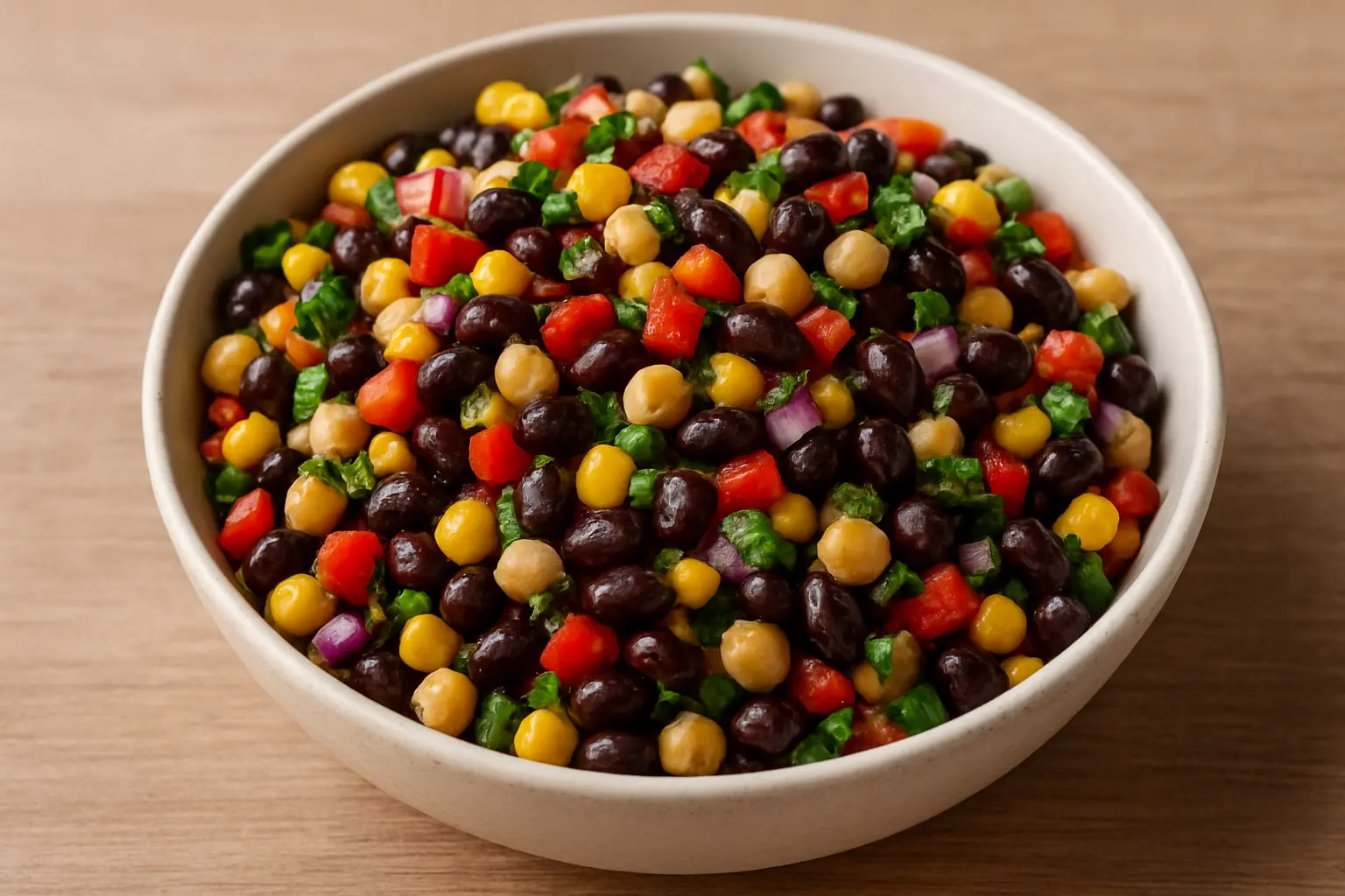 A colorful and filling dense beans salad, ready to serve.